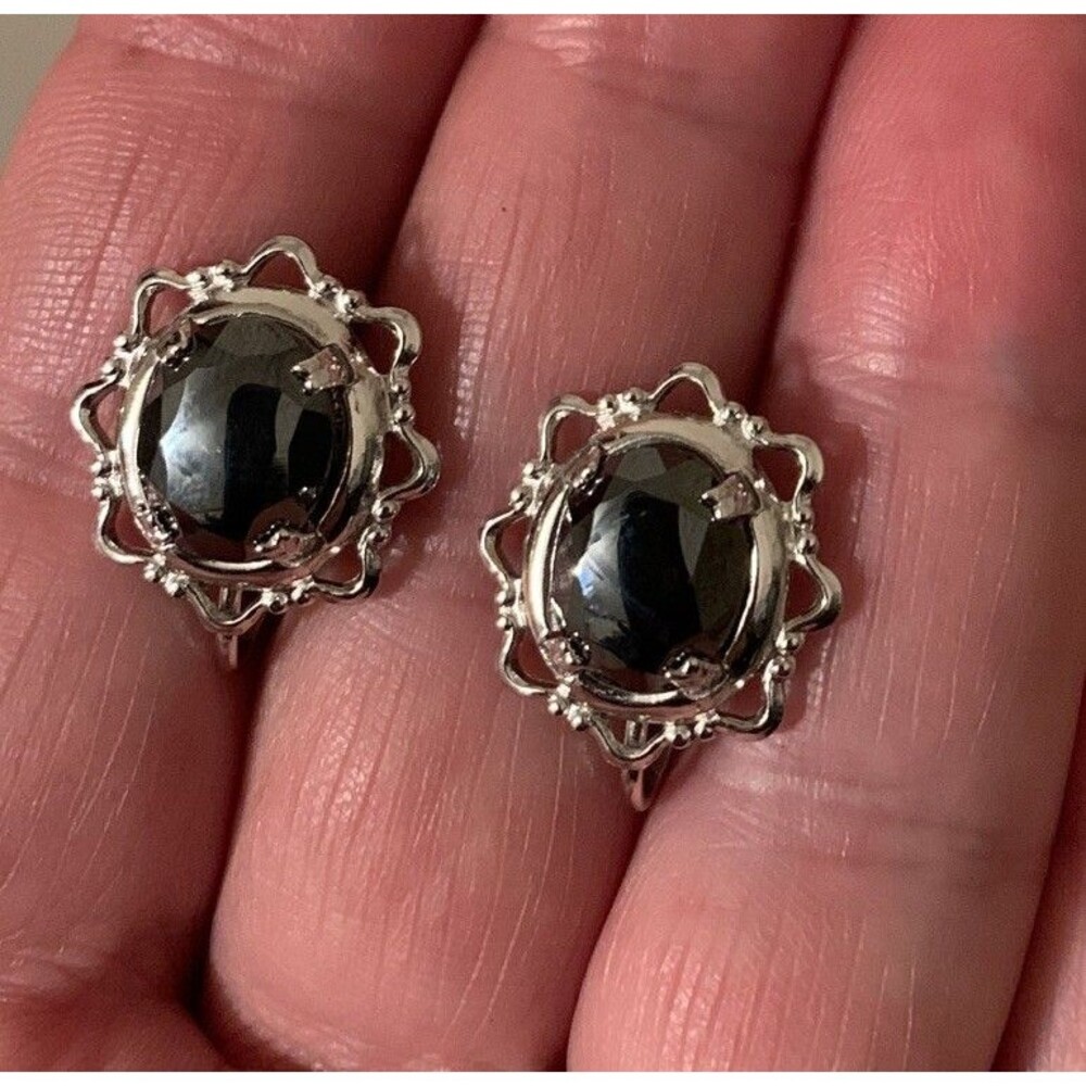 Vintage Filigree Hematite Black Diamond Earrings Clip On Silver Tone Western